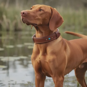 Кожаный ошейник с бирюзовыми и красными хольнитенами.